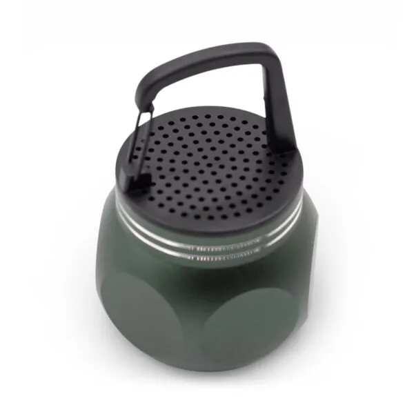 A matte green portable container with a black perforated lid and sturdy folding handle.