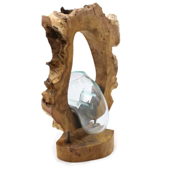 Rustic Wooden Base Clear Blown Glass Vase - Natural Fusion Design A handcrafted wooden base with a clear blown glass vessel artistically fused into its natural form.