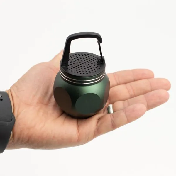 A hand holding a small metallic green portable speaker with a black grille and clip handle.