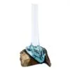 Hand-Blown Glass Vase Wood Base Blue Tint - Rustic Fusion Design Hand-blown bluish glass vase fused to natural wooden base, blending rustic and modern design.