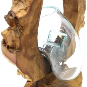 Hand-blown glass bowl fused to natural driftwood base, creating rustic organic home décor piece.