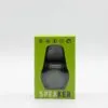 A small cylindrical portable speaker in metallic grey inside a bright green retail packaging box.