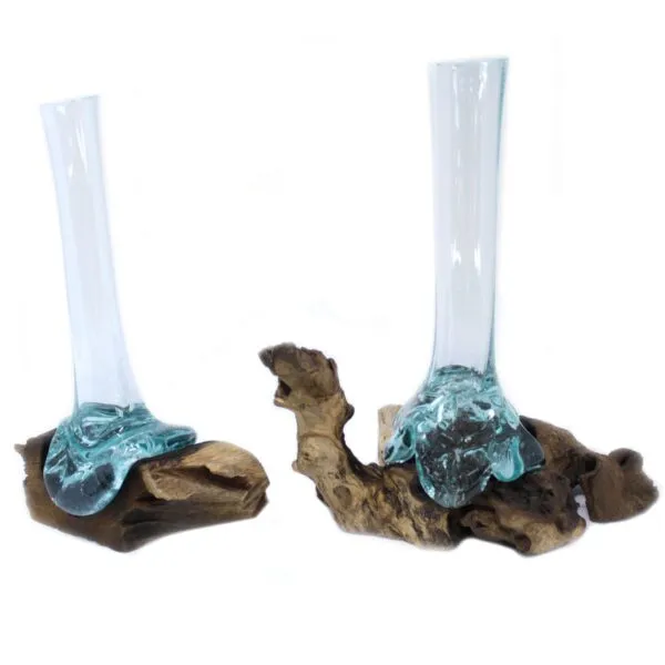 bG9jYWw6Ly9tZWRpYS9TUy84Qy82MFIzMEMxRzZNU0s4Q1NTL2FjNjYyMWY4LmpwZWc.webp Two handcrafted glass and driftwood decorative vases with clear bluish-green glass fused to natural wood.