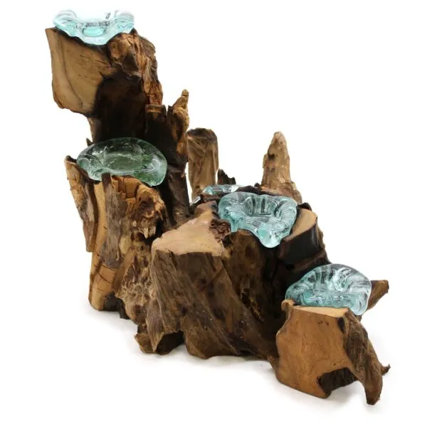 A handcrafted driftwood and aqua glass sculpture resembling cascading bowls in an organic, artistic design.