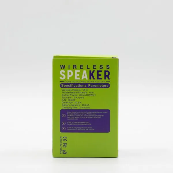 Wireless speaker packaging with green and purple design showing specifications and instructions on a white background.