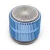 A compact metallic blue portable speaker with a silver perforated top and ridged aluminium body.