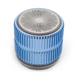 A compact metallic blue portable speaker with a silver perforated top and ridged aluminium body.