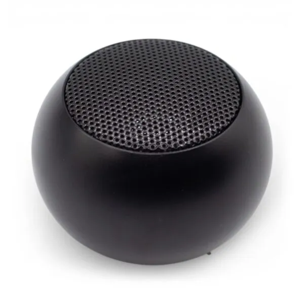 Compact black spherical matte speaker with perforated grille on white background.