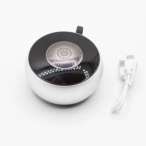 Compact black and white Bluetooth speaker with metal design and USB charging cable on white background.