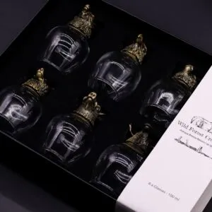 Gift set of 6 glasses. Luxury bronze animal-head glass set in black gift box for elegant home bar décor.