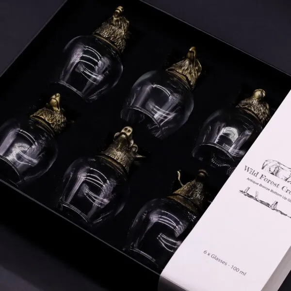 Wild Forest Creatures Glass Set Bronze - Animal Head Design Gift set of 6 glasses. Luxury bronze animal-head glass set in black gift box for elegant home bar décor.