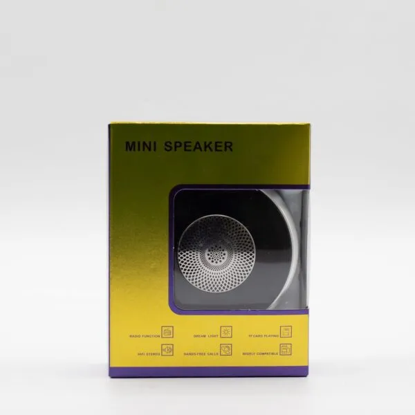 Gold and purple mini speaker box with visible black circular speaker and silver grille.