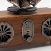 Vintage Wooden Gramophone Speaker Bronze Finish Floral Grilles Vintage wooden Bluetooth gramophone speaker with bronze controls and ornate floral metal grilles.