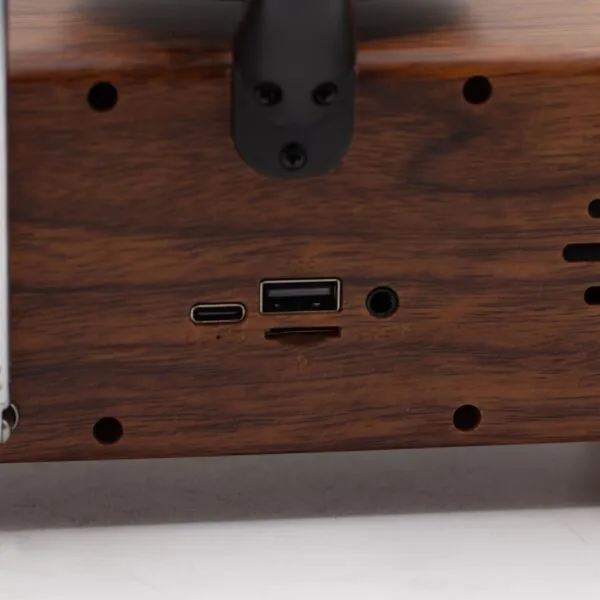 Bluetooth Speaker Wooden Back Panel Brown - USB And Audio Ports Close-up of brown wooden Bluetooth speaker back with USB, microSD, and audio ports.