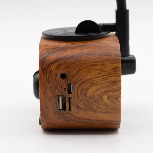 Close-up of a sleek wooden electronic device with USB-C, USB-A, and audio ports.