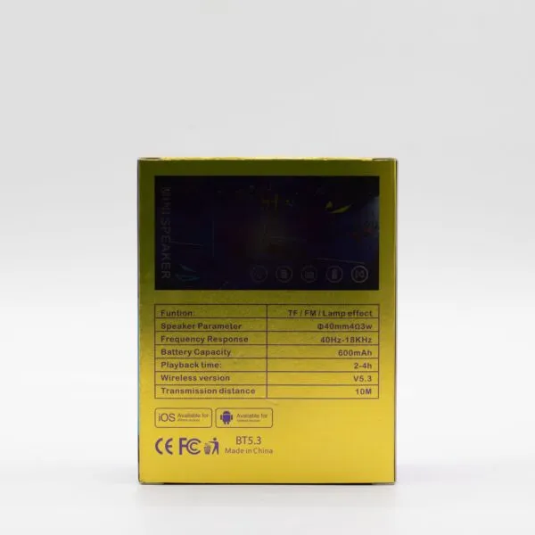 Yellow mini Bluetooth speaker box displaying specifications, battery details, and wireless connectivity features.