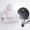 A lavender crackle Buddha lamp base with separate black stand and UK plug on white background.