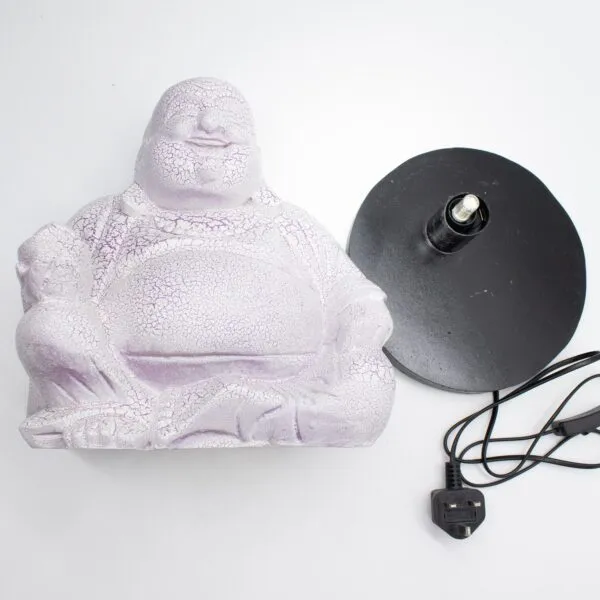 A lavender crackle Buddha lamp base with separate black stand and UK plug on white background.