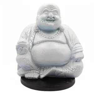 A pale crackled Laughing Buddha statue on a dark base, symbolising joy and abundance.
