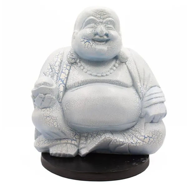A pale crackled Laughing Buddha statue on a dark base, symbolising joy and abundance.