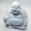 Light blue cracked-texture Laughing Buddha statue seated with prayer beads and a joyful smiling expression.