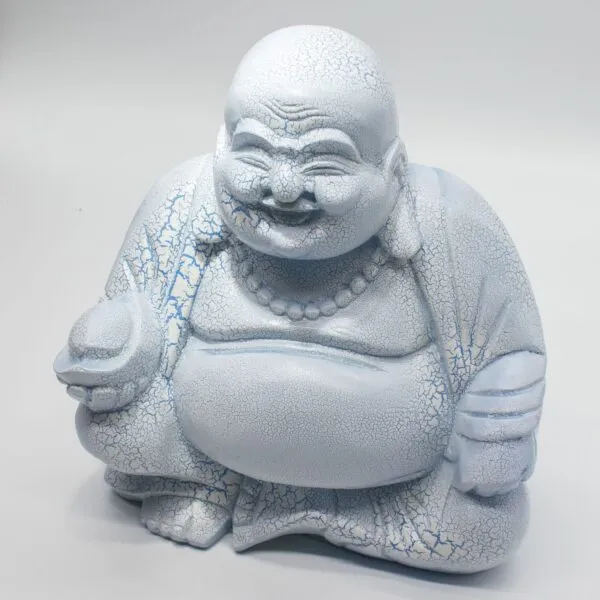 Light blue cracked-texture Laughing Buddha statue seated with prayer beads and a joyful smiling expression.