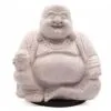 A cracked-texture lavender Laughing Buddha statue sitting joyfully with a beaded necklace and cloth bag.