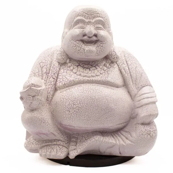 A cracked-texture lavender Laughing Buddha statue sitting joyfully with a beaded necklace and cloth bag.