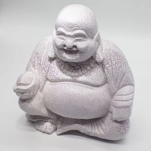 A cracked lavender Laughing Buddha statue with a joyful smile and rounded belly on a plain background.