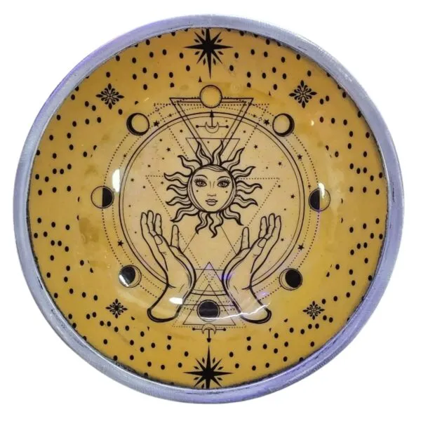 Triple Leg Enamelled Offering Plate - Hands and Sun