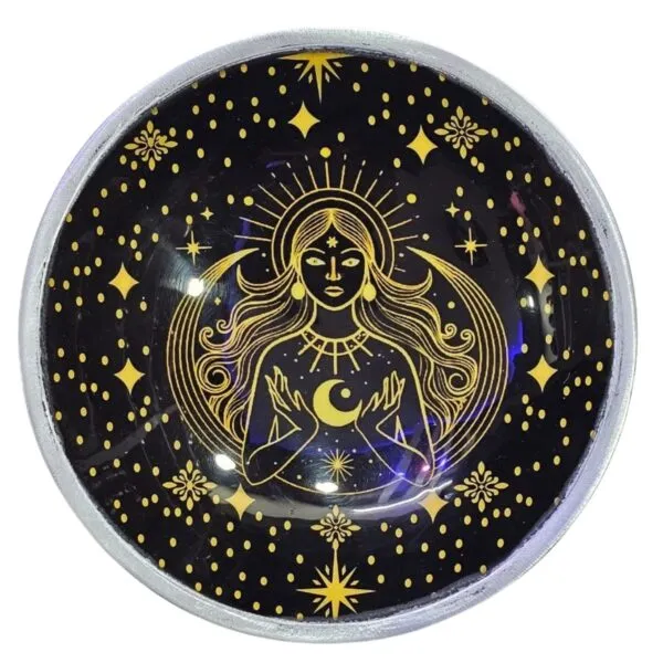 Triple Leg  Enamelled  Offering Plate - Gold Goddess on Black