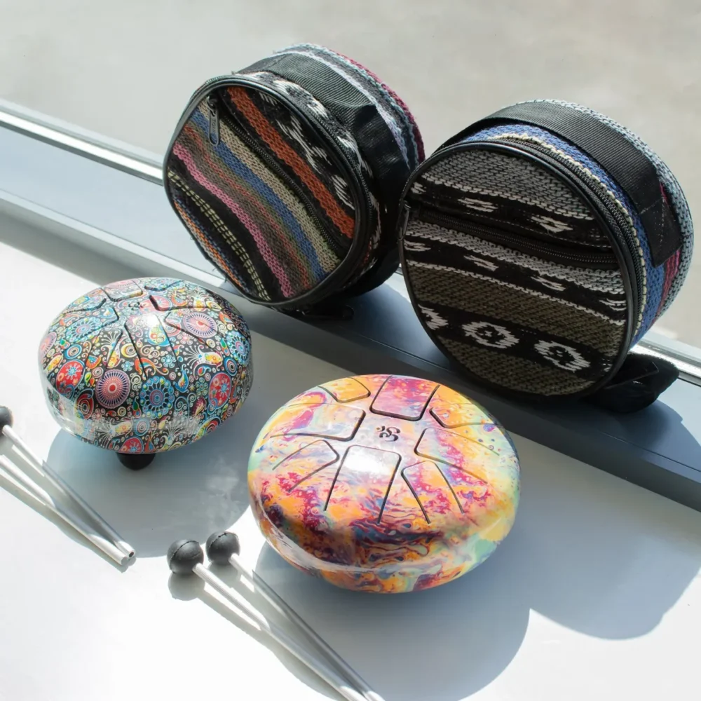 Two colourful mini steel tongue drums with matching fabric cases and mallets beside a window.