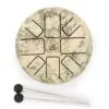 A steel tongue drum with a vintage world map pattern and two mallets.