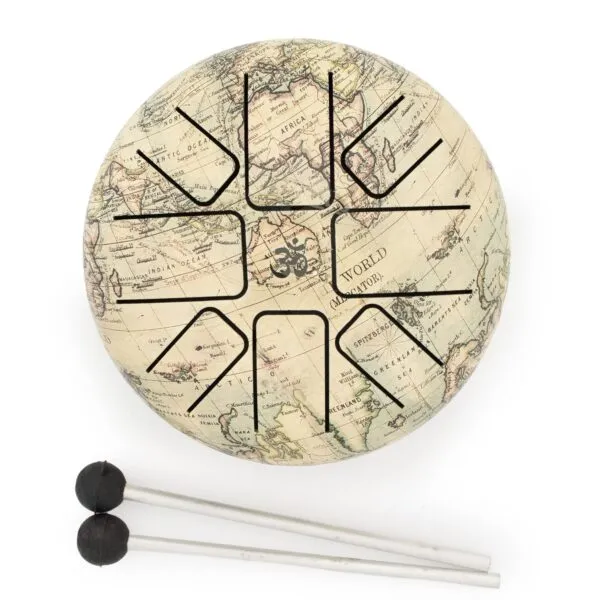 A steel tongue drum with a vintage world map pattern and two mallets.