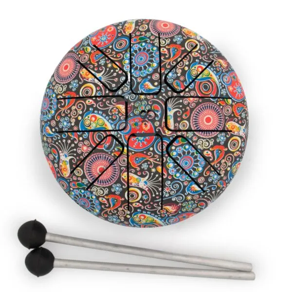 Circular steel tongue drum with colourful mandala pattern and two mallets.