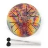 A colourful tie-dye steel tongue drum with two mallets on a white background.