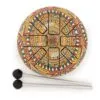 A colourful mandala steel tongue drum with two matching mallets on a white background.