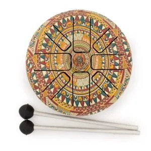 A colourful mandala steel tongue drum with two matching mallets on a white background.