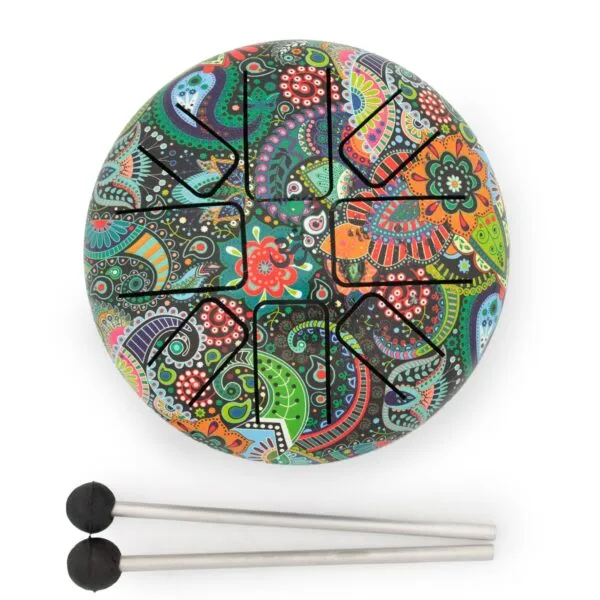 Colourful steel tongue drum with paisley pattern and two mallets on a white background.