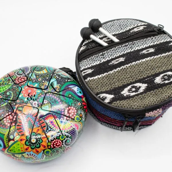 Colourful steel tongue drum with a patterned carrying case and two drum mallets.
