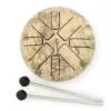A round steel tongue drum with an antique world map design and two drumsticks.