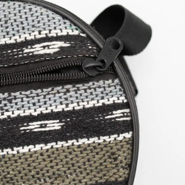 Close-up of a round woven bag with a black zip and geometric patterns.