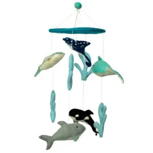 Handmade Felt Mobile - Dolphins and Sealife. Handmade soft felt ocean baby mobile with hanging sea creatures in blue and teal.