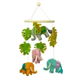Handcrafted needle-felted baby mobile with colourful felt elephants and green monstera leaves.