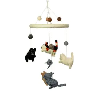 Handmade wool felt cat nursery mobile featuring hanging cats, a mouse, and felt spheres.