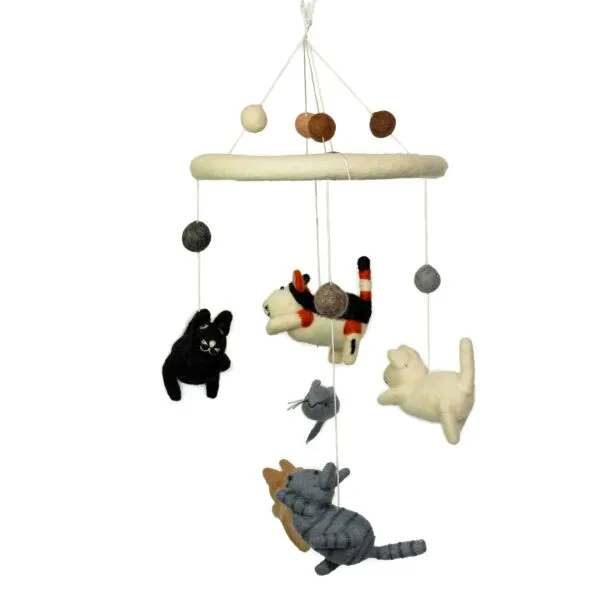 Handmade wool felt cat nursery mobile featuring hanging cats, a mouse, and felt spheres.