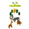 Colourful handmade felt safari nursery mobile with a lion, tiger, zebra, giraffe and elephant.