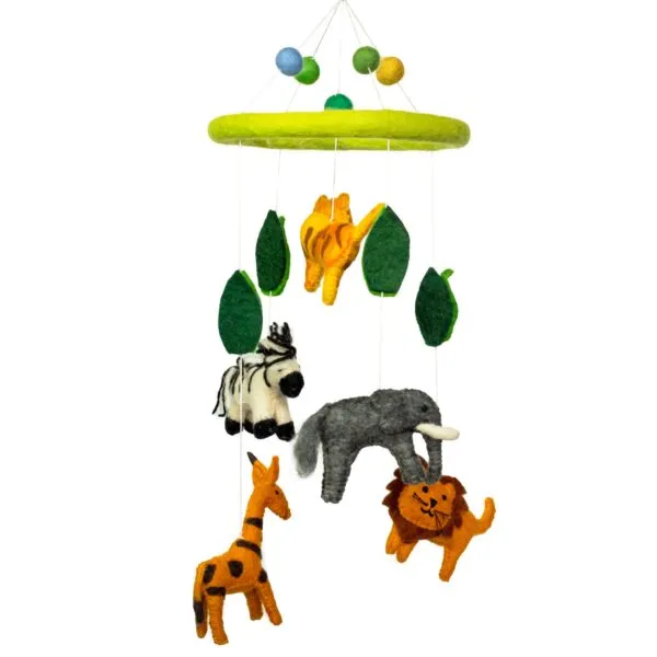 Colourful handmade felt safari nursery mobile with a lion, tiger, zebra, giraffe and elephant.