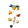 Needle-felted solar system baby mobile with colourful wool planets, stars, and an astronaut.