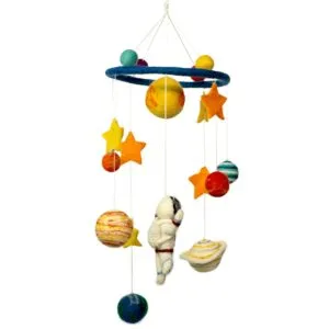 Needle-felted solar system baby mobile with colourful wool planets, stars, and an astronaut.